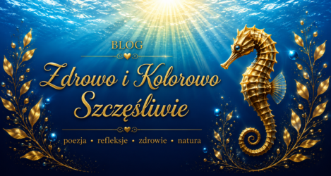 Logo bloga- Zdrowo i Kolorowo Szczęśliwie ze złotym konikiem morskim na tle oceanu